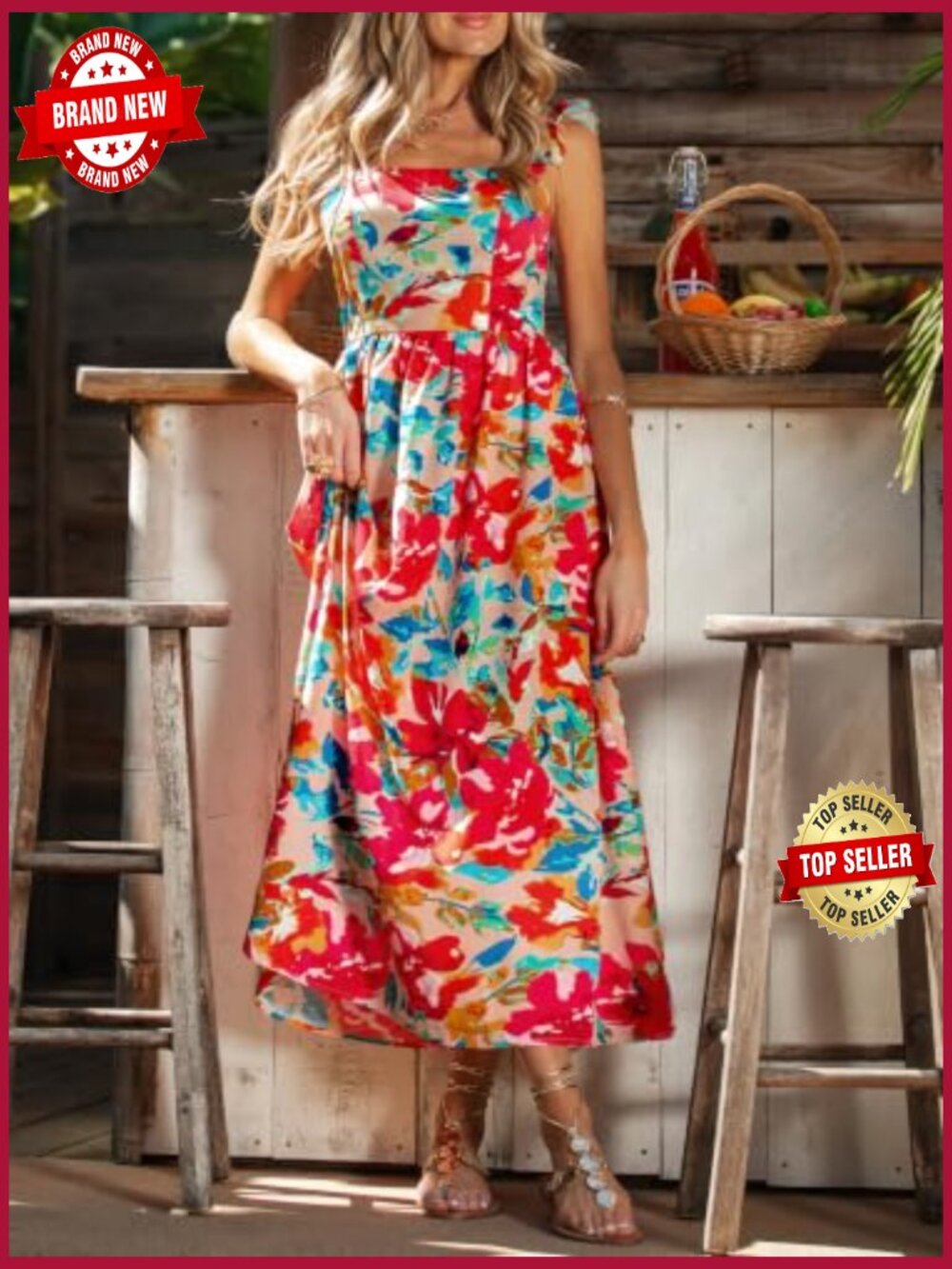 Boho Floral Midi Sundress Square Neck Ruffle Sleeveless Smocked Bow Dress Flowy - Picture 5 of 7
